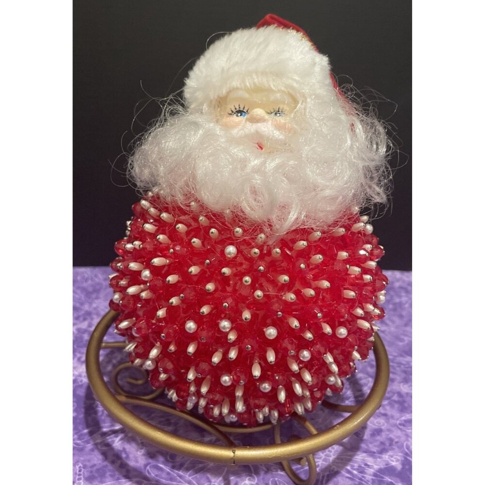 Vintage Handcrafted Beaded Push Pin‎ Christmas Round Large Santa Figure #2